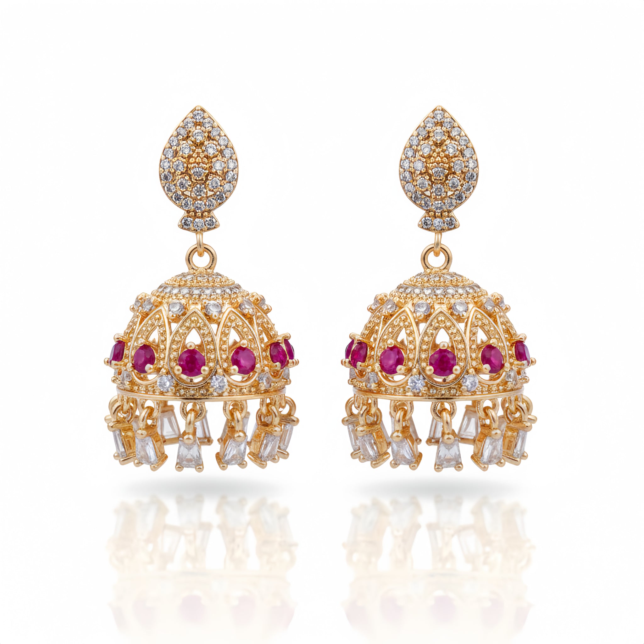 Zircon Radiant Crystal Jhumka Earrings - Ruby Pink | AA1205