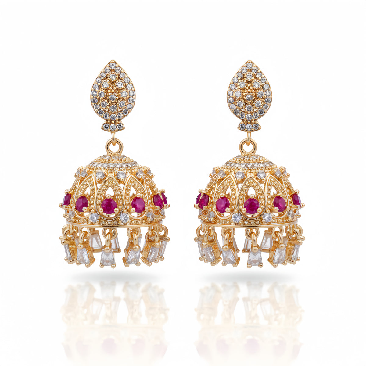 Zircon Radiant Crystal Jhumka Earrings - Ruby Pink | AA1205