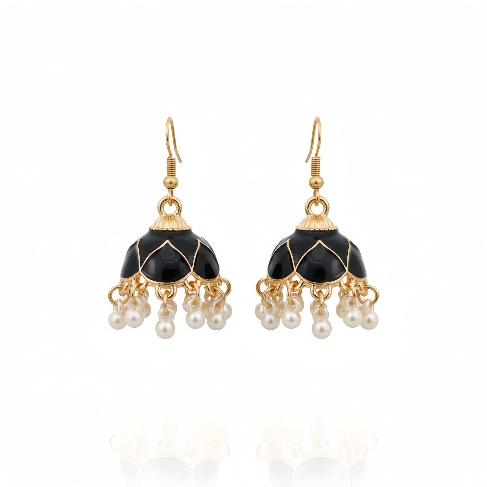 Enamel Pearl Jhumka Earrings - Black | AA1212