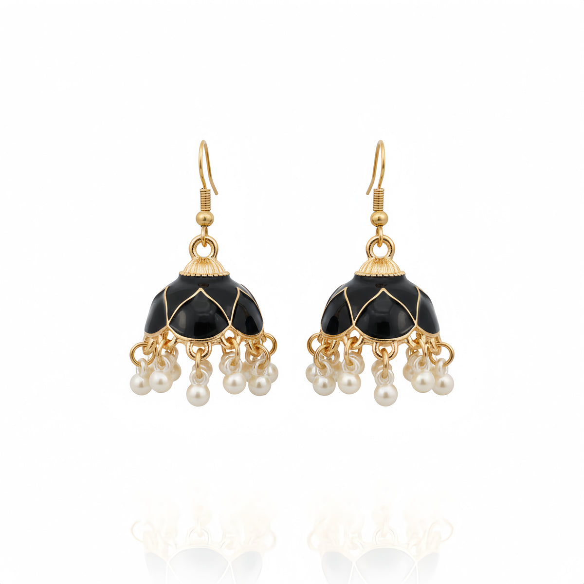 Enamel Pearl Jhumka Earrings - Black | AA1212