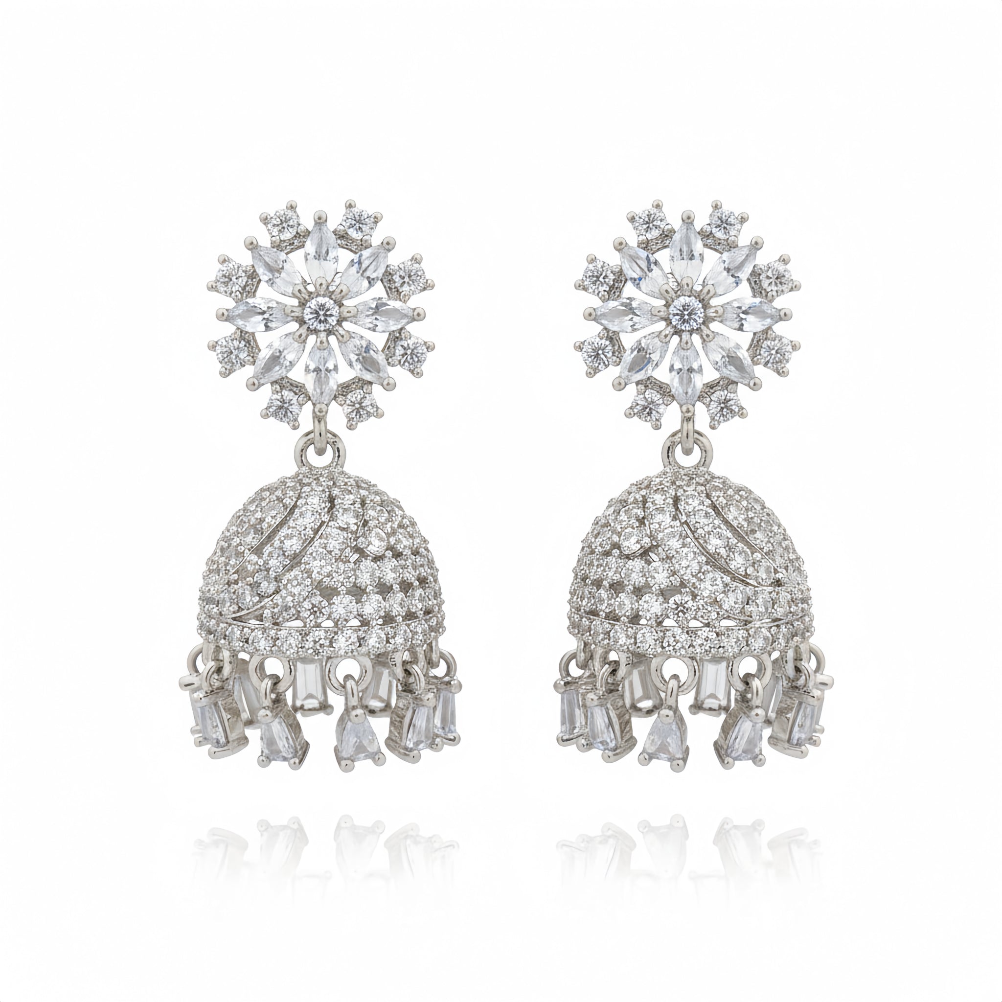 Zircon Floral Starburst Crystal Jhumkas - Silver | AA1216