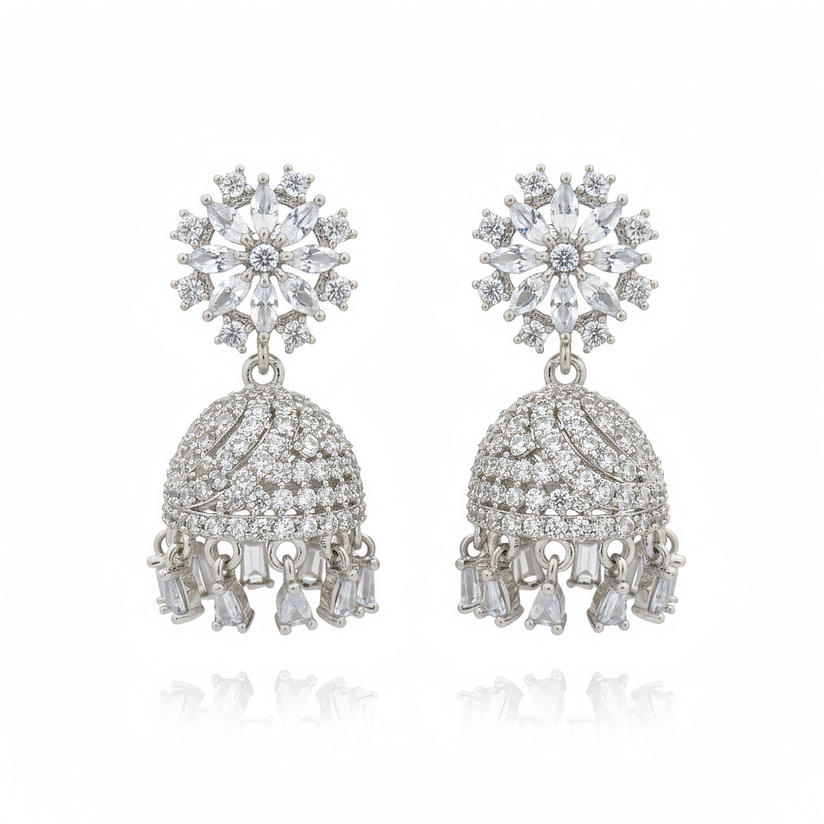 Zircon Floral Starburst Crystal Jhumkas - Silver | AA1216