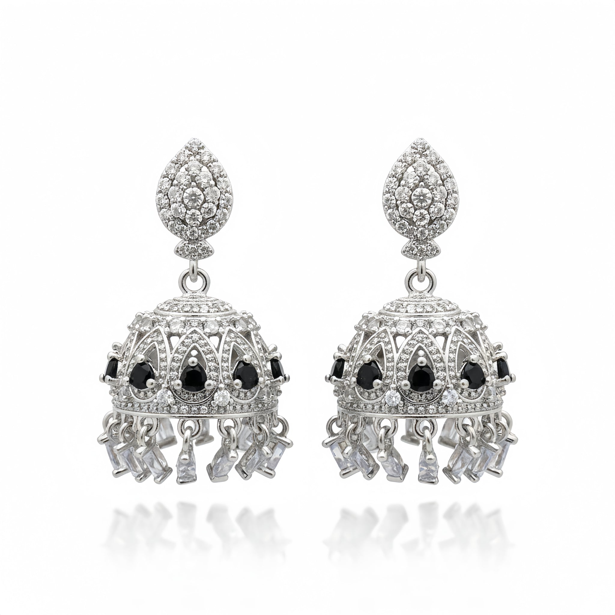 Zircon Radiant Crystal Jhumka Earrings - Silver Black | AA1209