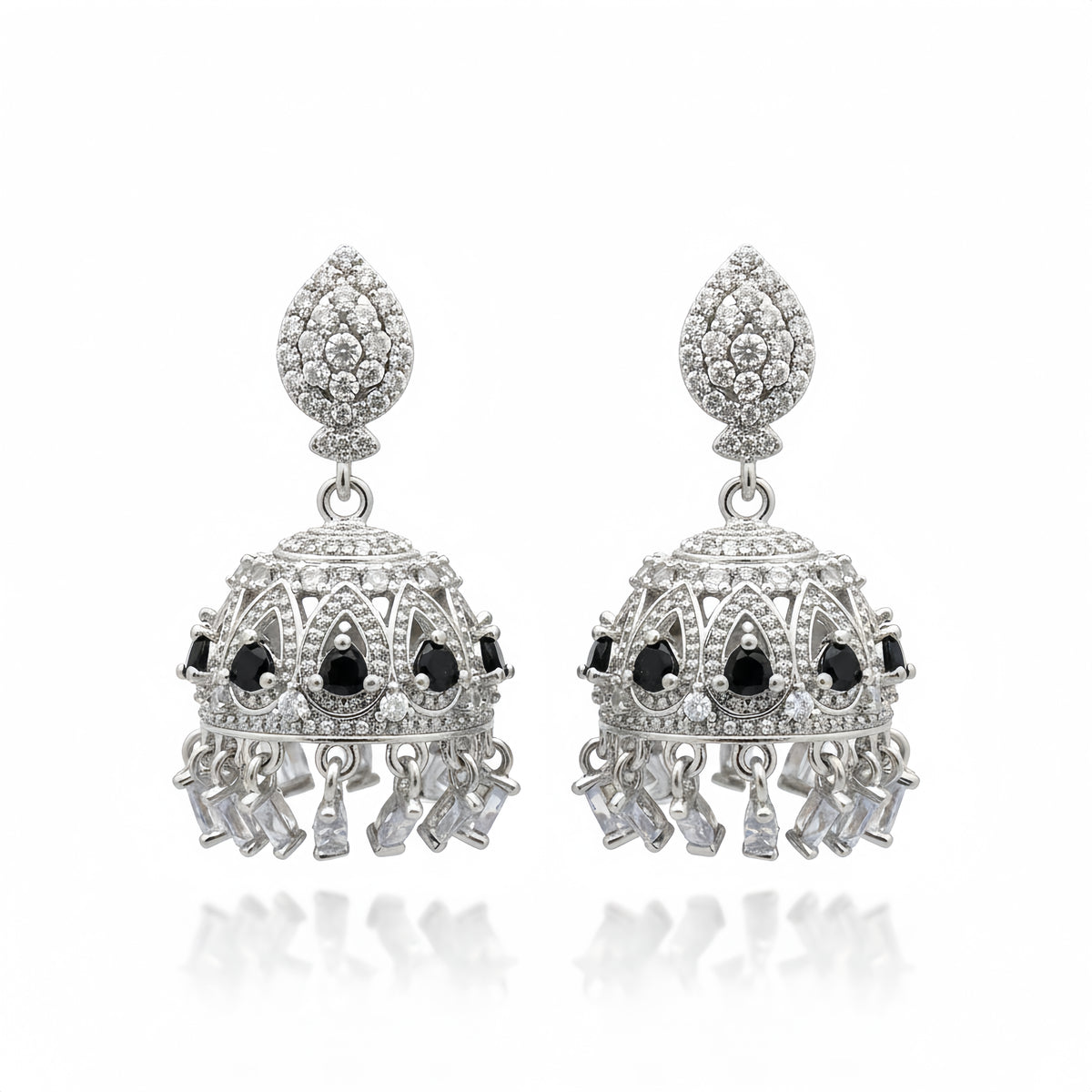 Zircon Radiant Crystal Jhumka Earrings - Silver Black | AA1209