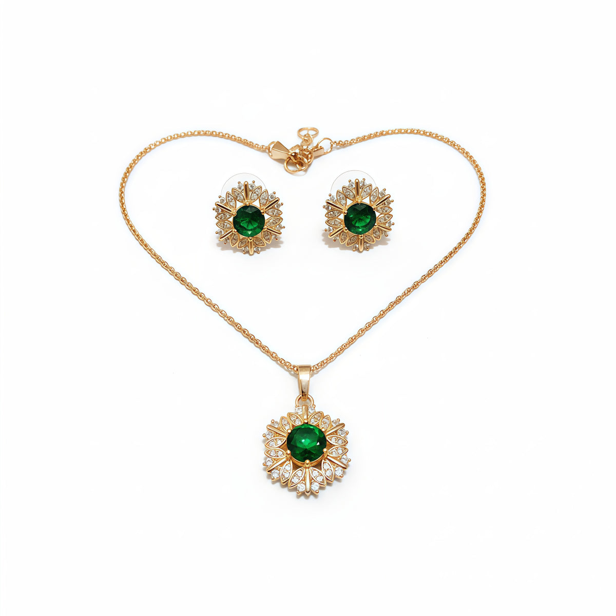 Radiant Sunflower Crystal Pendant Set - Emerald Green | AA1301