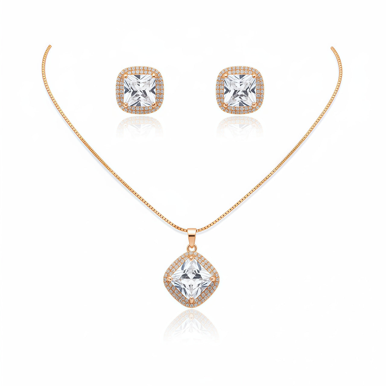Elegant Square Halo Pendant Set - Rose Gold | AA1312