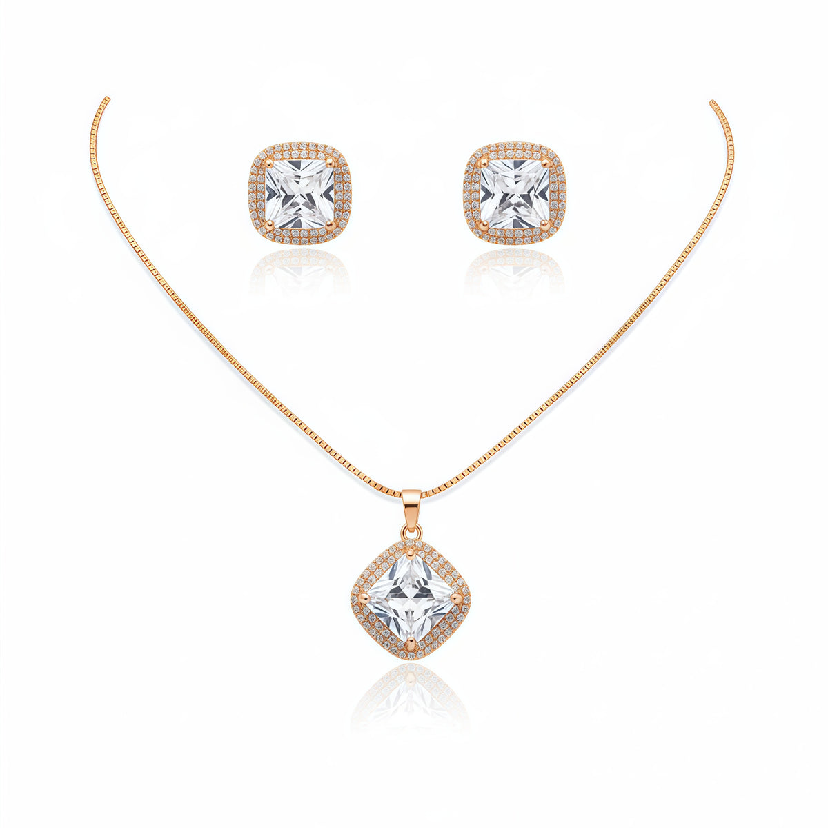 Elegant Square Halo Pendant Set - Rose Gold | AA1312