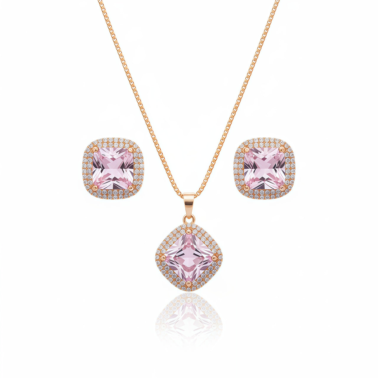 Elegant Square Halo Pendant Set - Baby Pink | AA1313