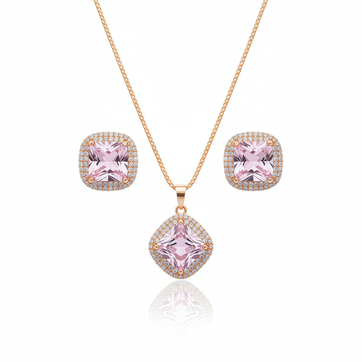 Elegant Square Halo Pendant Set - Baby Pink | AA1313