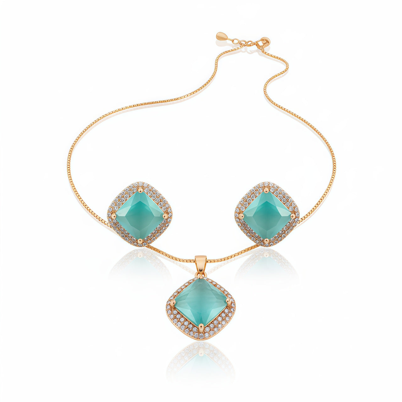 Elegant Square Halo Pendant Set - Teal Blue | AA1314