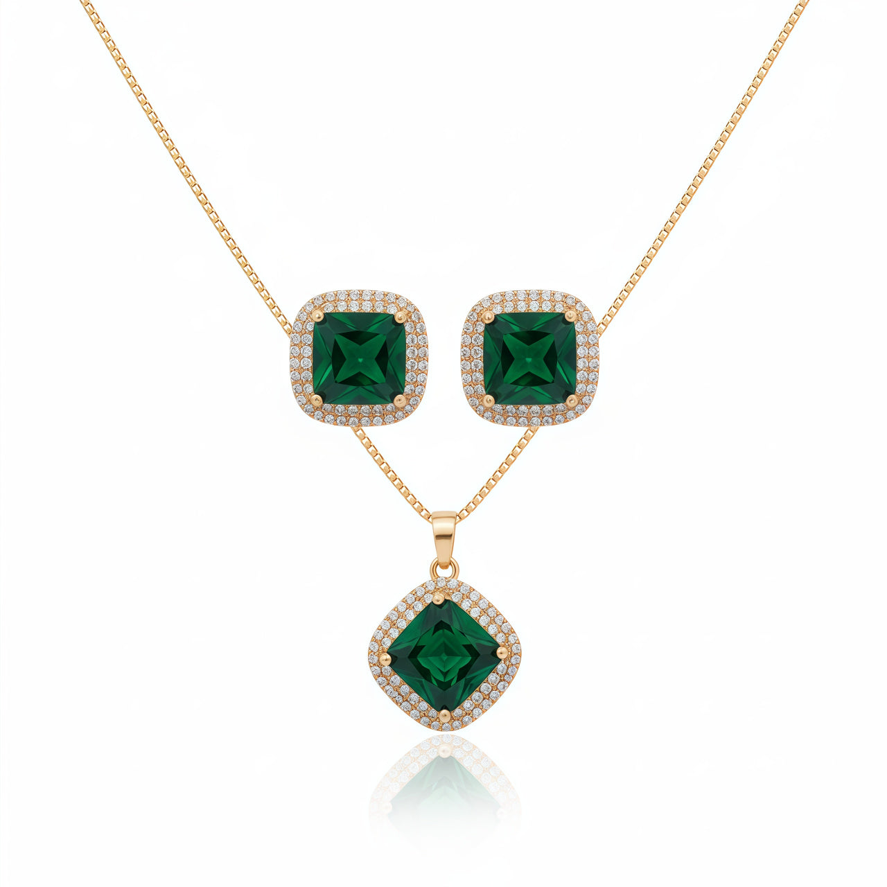Elegant Square Halo Pendant Set - Emerald Green | AA1316