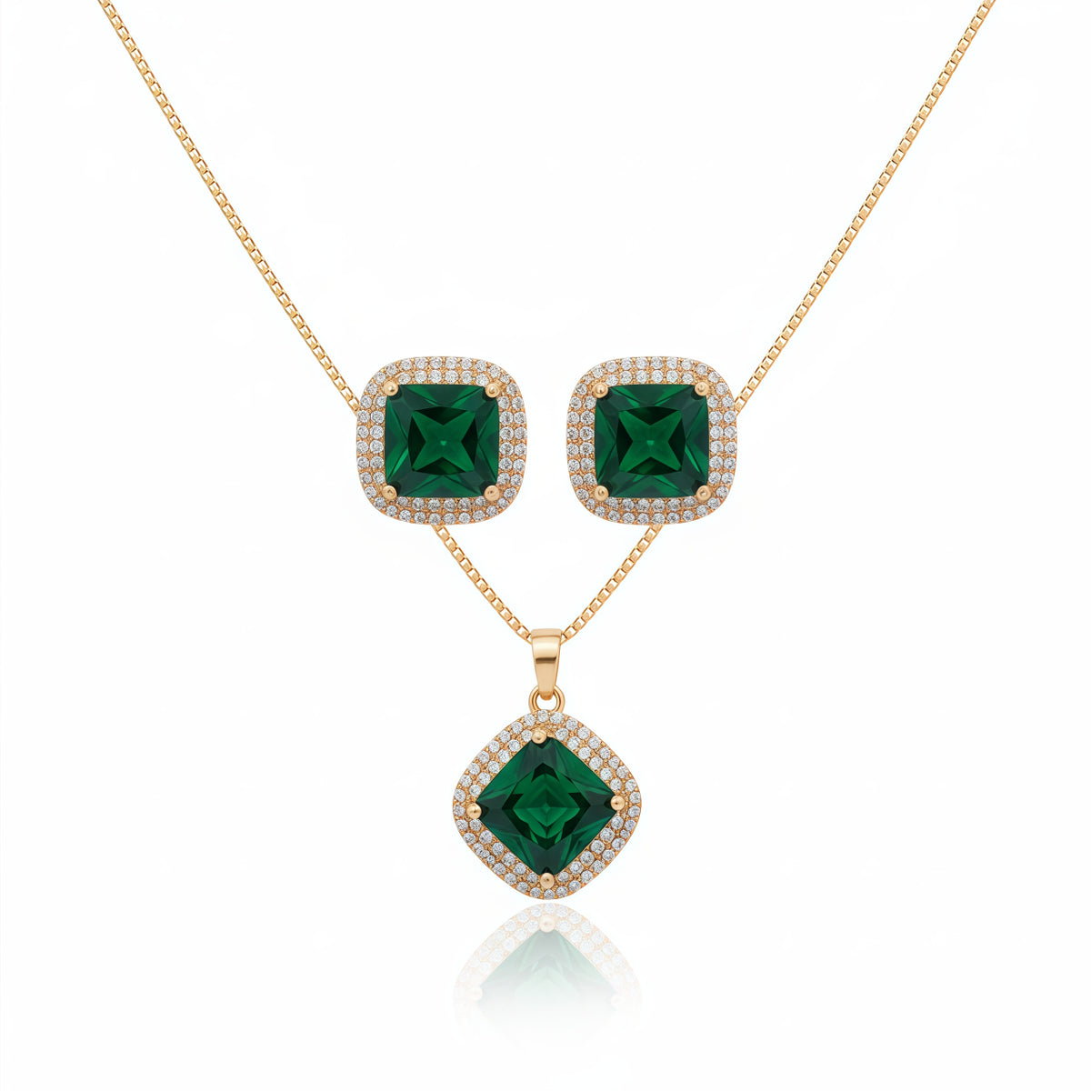 Elegant Square Halo Pendant Set - Emerald Green | AA1316