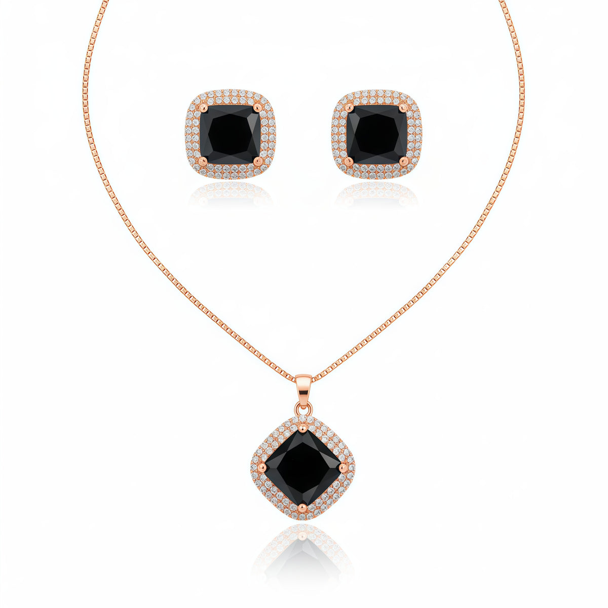 Elegant Square Halo Pendant Set - Jet Black | AA1317
