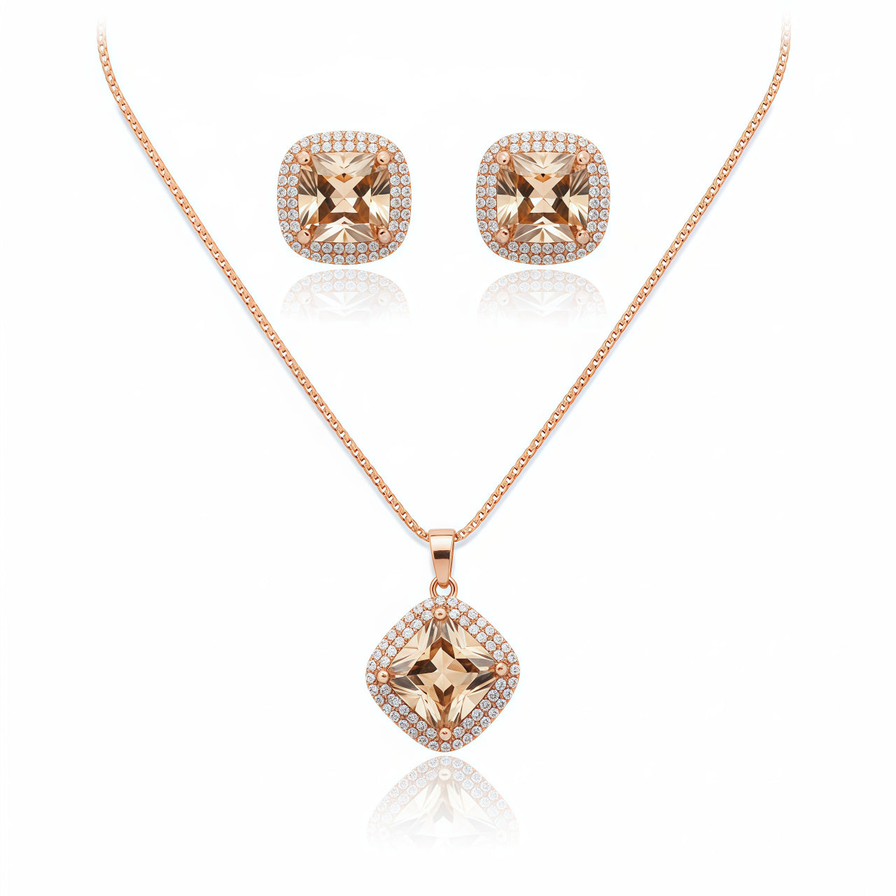 Elegant Square Halo Pendant Set - Champagne Gold | AA1319