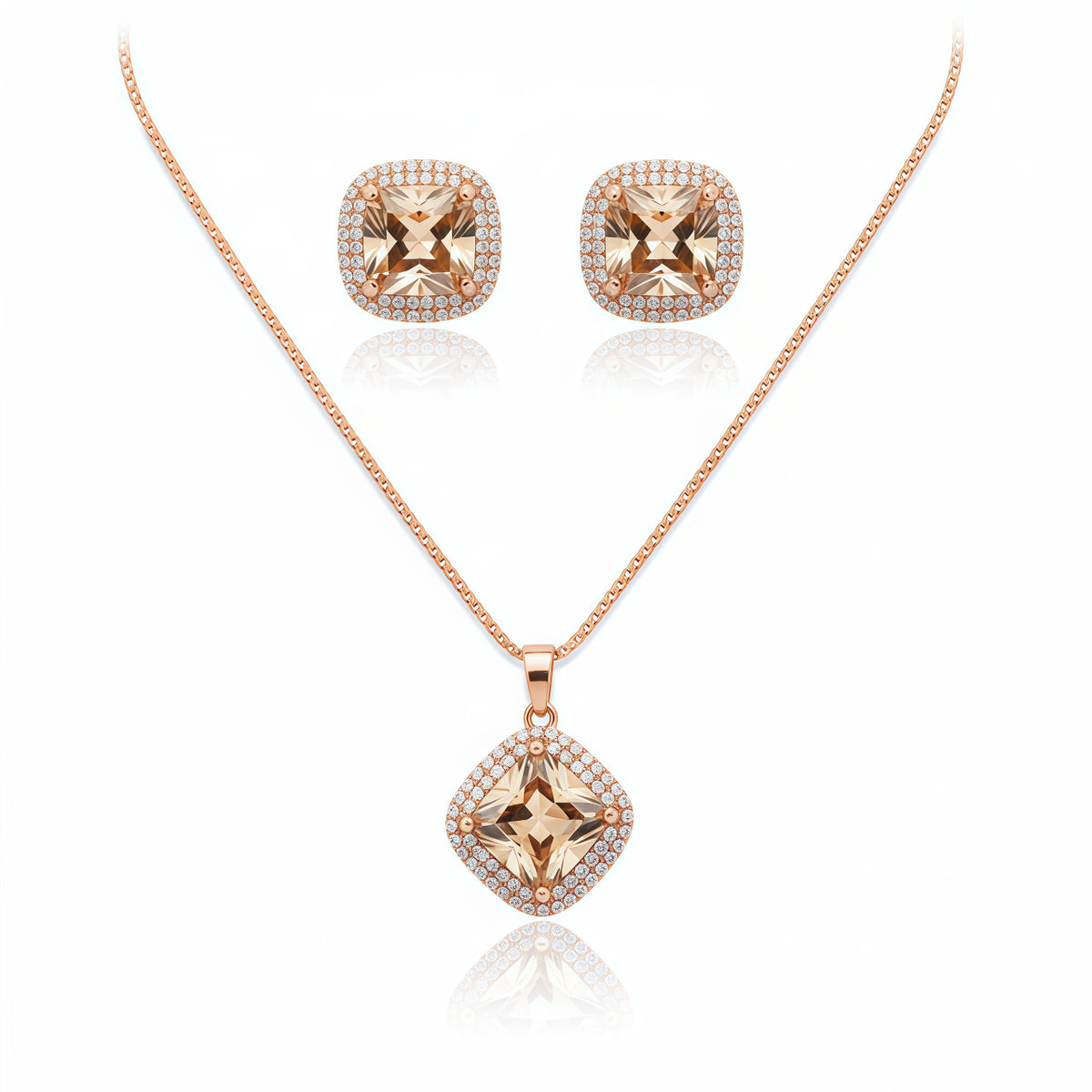 Elegant Square Halo Pendant Set - Champagne Gold | AA1319